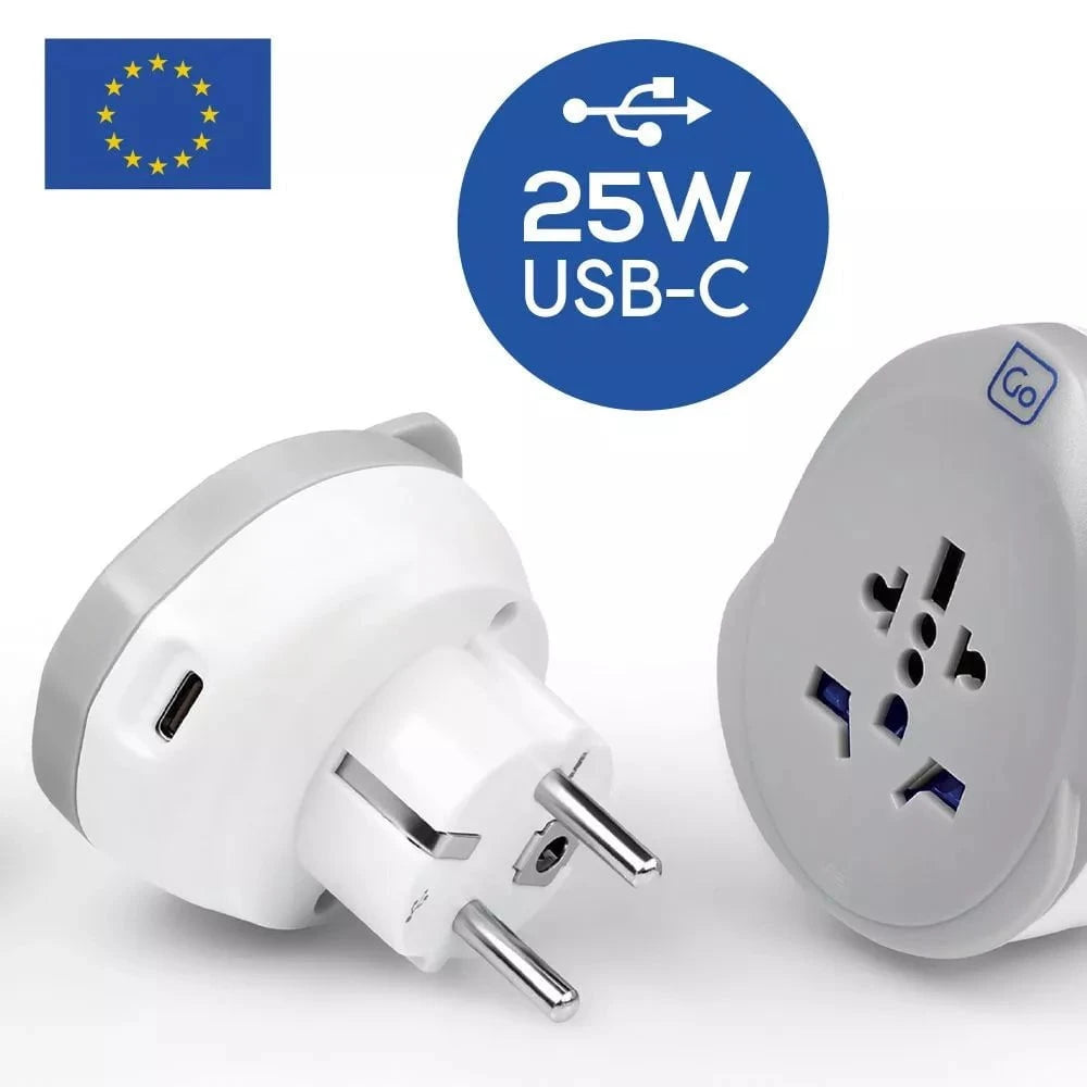 Go Travel Adapters White/Grey Go Travel World - EU USB-C Adaptor + (25W)