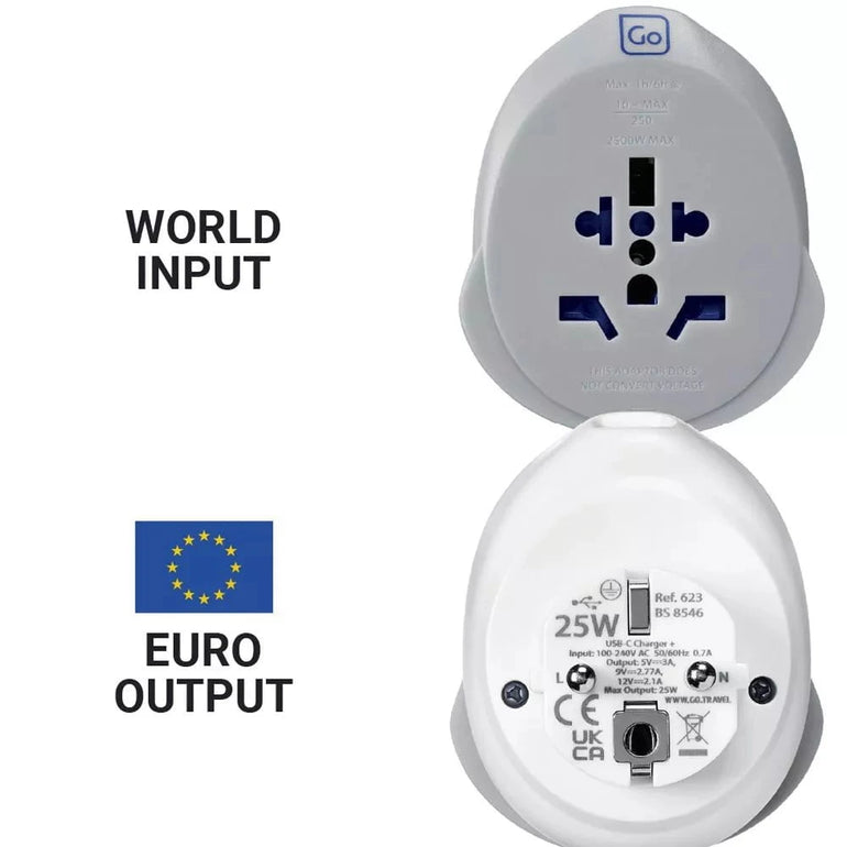 Go Travel Adapters White/Grey Go Travel World - EU USB-C Adaptor + (25W)
