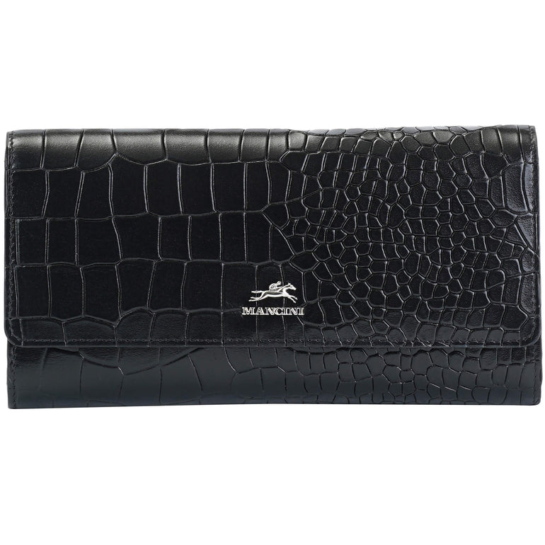 Mancini Wallets Black Mancini Croco2 Women’s Quad Fold Wallet with Enhanced RFID Security